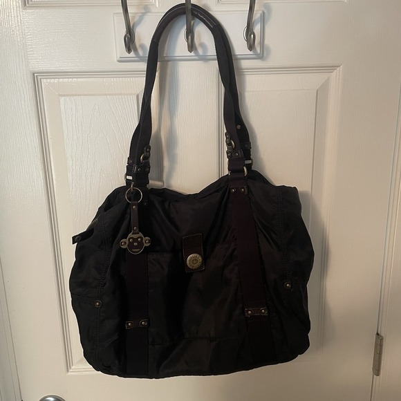 Kipling Janice Black Nylon Leather Shoulder Bag Tote Vintage With Monkey Charm - Picture 1 of 16